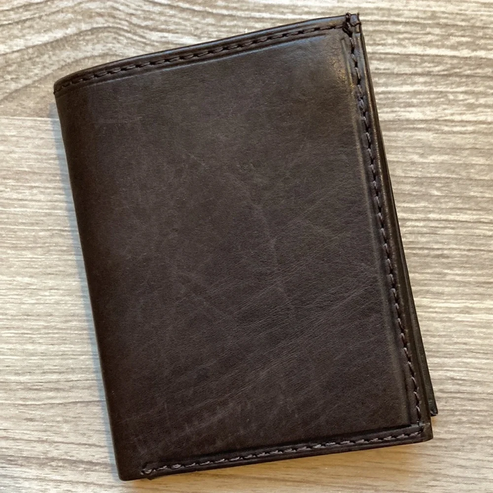 Leather hand craft bifold wallet card key chocolate brown NWOT
